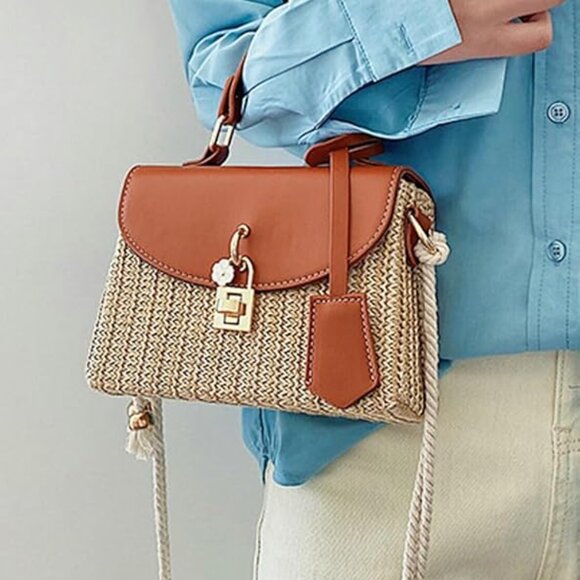 Neiman Marcus Brown Natural Woven Floral Straw Box Bag - Picture 4 of 6